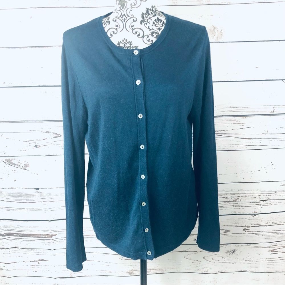 August Silk Knit Button Up Cardigan Sweater Navy L